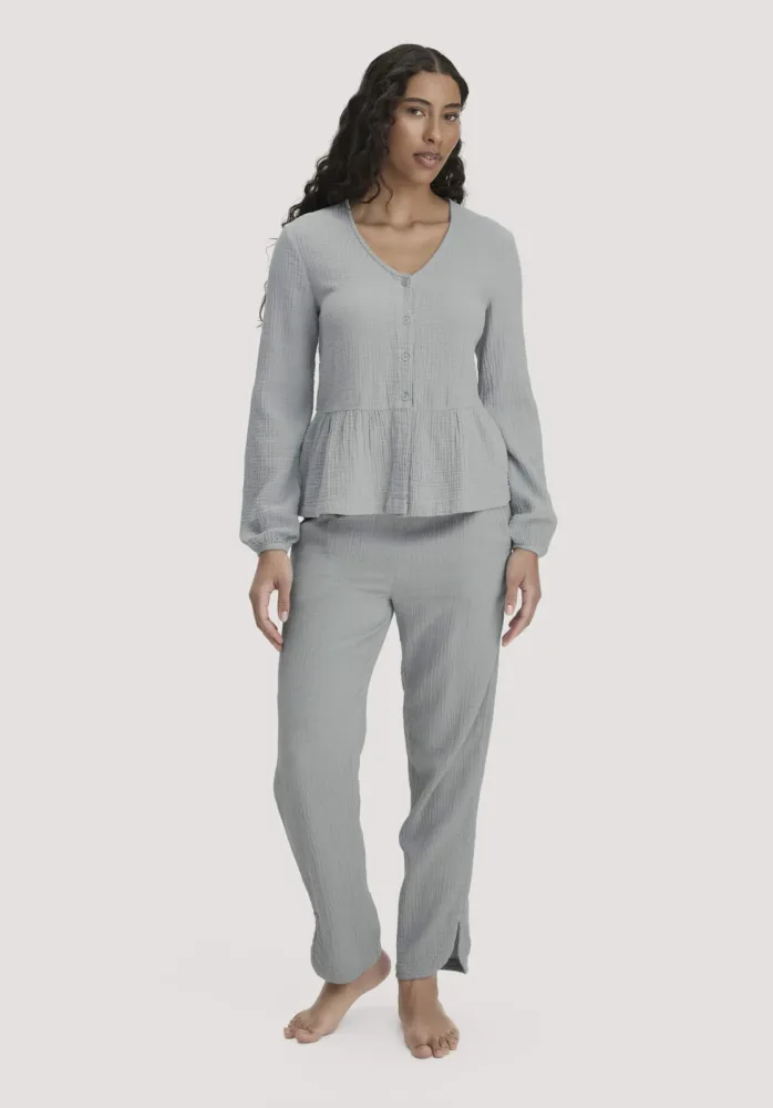 hessnatur Damen Musselin Schlafhose Regular PURE COMFORT aus Bio-Baumwolle - blau - Größe 46