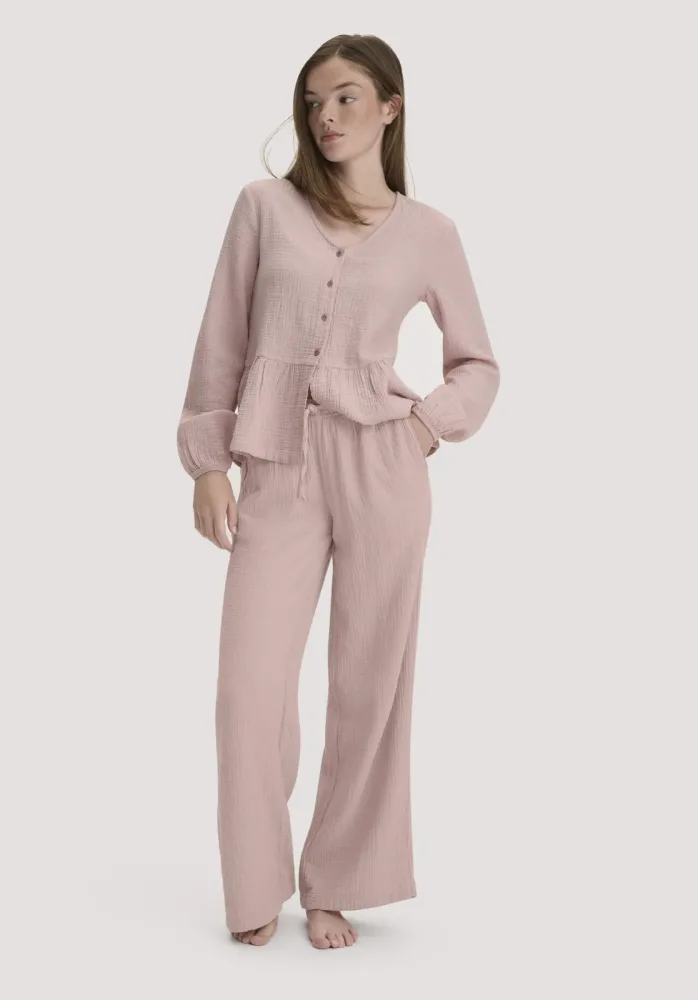 hessnatur Damen Musselin Schlafhose Relaxed PURE COMFORT aus Bio-Baumwolle - rosa - Größe 40
