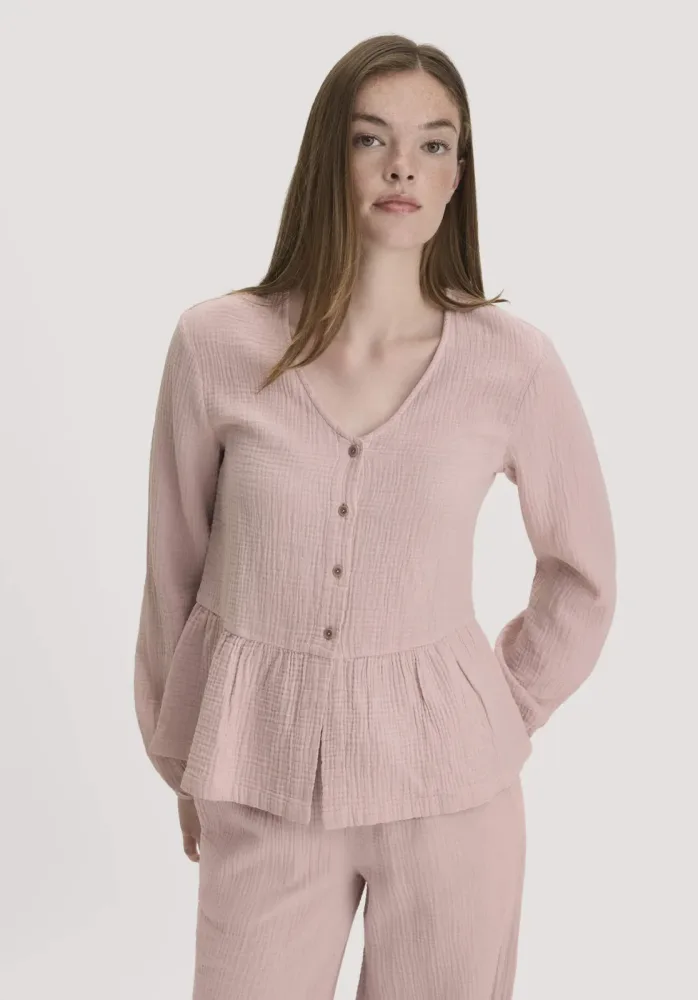 hessnatur Damen Musselin Pyjamabluse PURE COMFORT aus Bio-Baumwolle - rosa - Größe 48
