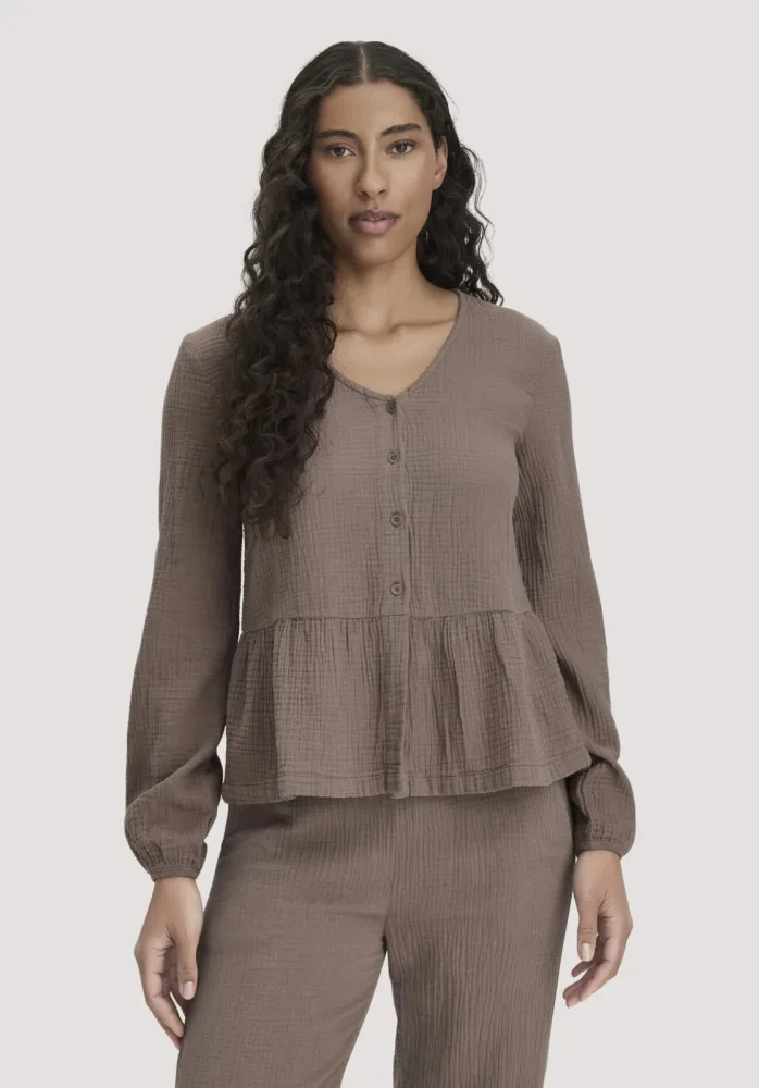 hessnatur Damen Musselin Pyjamabluse PURE COMFORT aus Bio-Baumwolle - braun - Größe 42