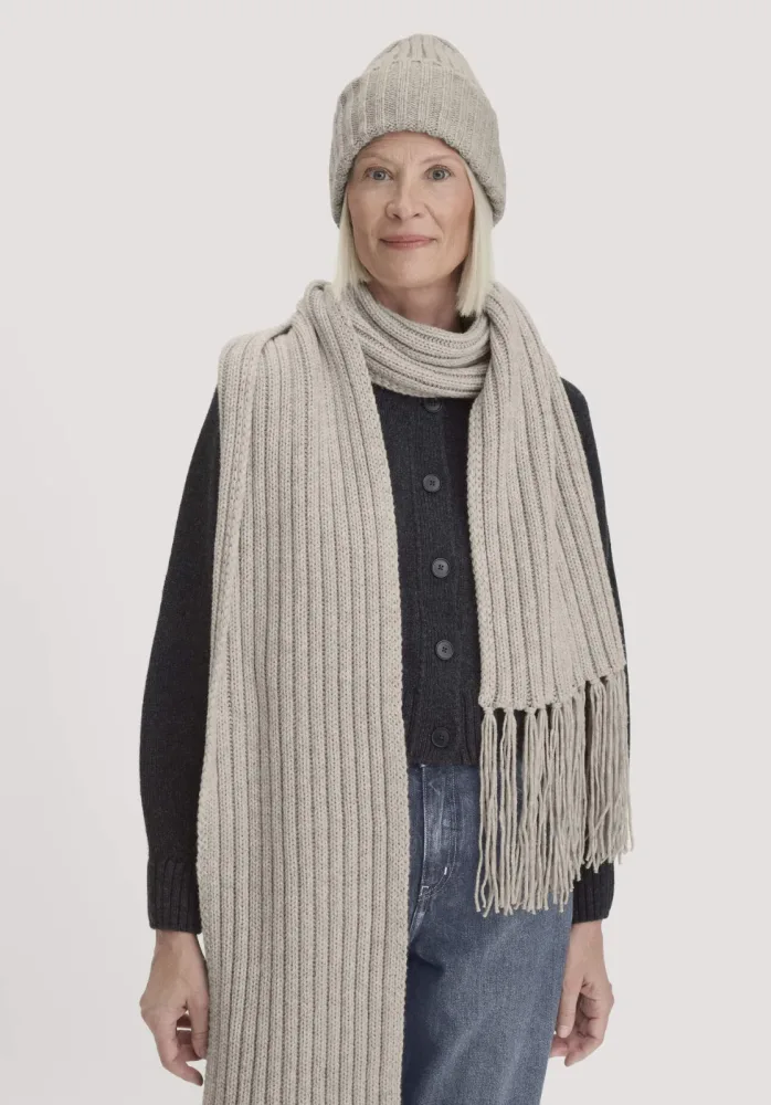 hessnatur Damen Strick-Mütze aus Bio-Baumwolle mit Schurwolle und recycelter Wolle - beige Grösse1size