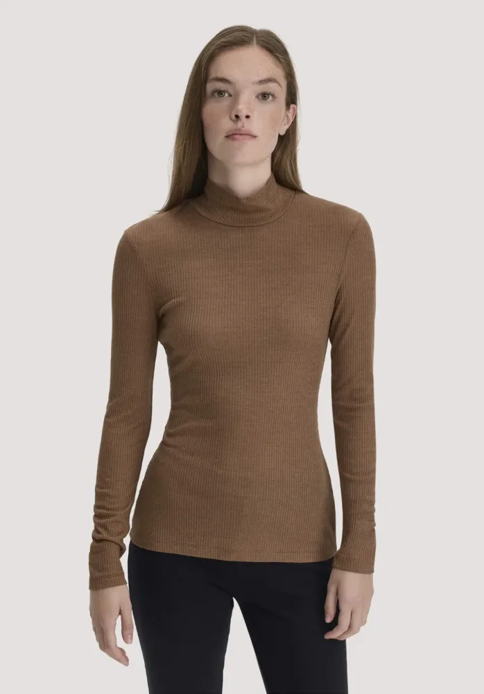 hessnatur Damen Mock-Neck Longsleeve WARM TOUCH aus Bio-Schurwolle und TENCEL? Lyocell - braun - Größe 44