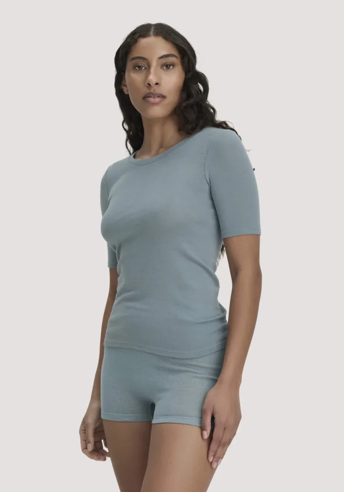 hessnatur Damen T-Shirt PURE FUNCTION aus Bio-Merinowolle mit Seide - blau Grösse40