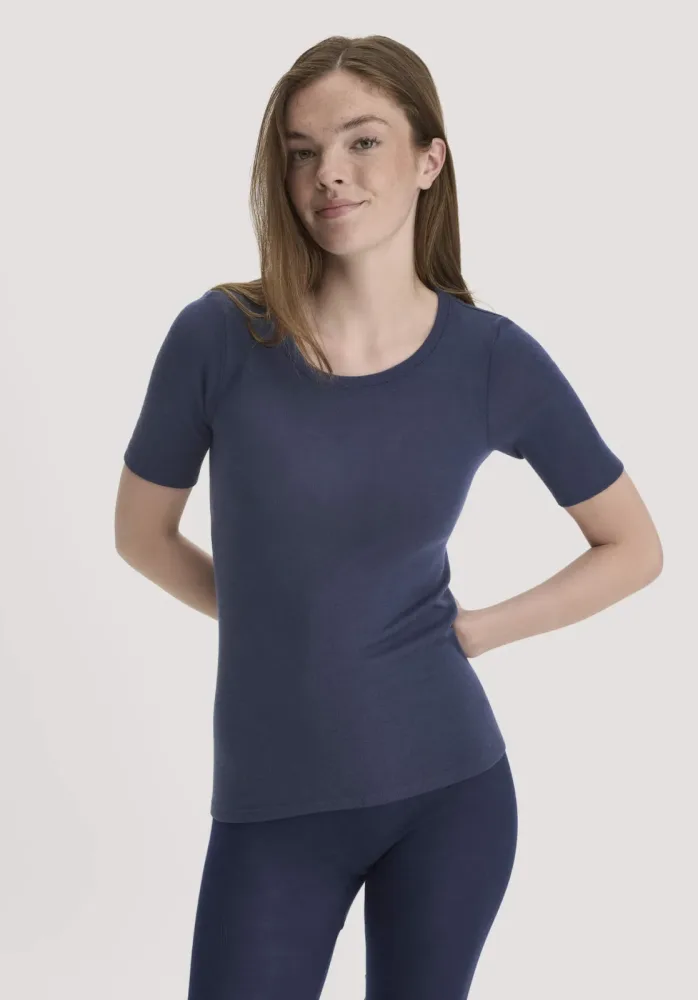hessnatur Damen T-Shirt PURE FUNCTION aus Bio-Merinowolle mit Seide - blau Grösse34