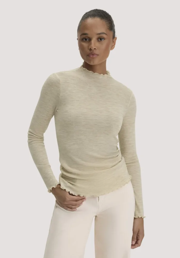 hessnatur Damen Mock-Neck Longsleeve Pointelle aus Bio-Merinowolle - beige - Größe 48
