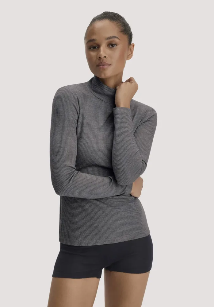 hessnatur Damen Mock-Neck Longsleeve WARM TOUCH aus Bio-Schurwolle und TENCEL? Lyocell - grau - Größe 38