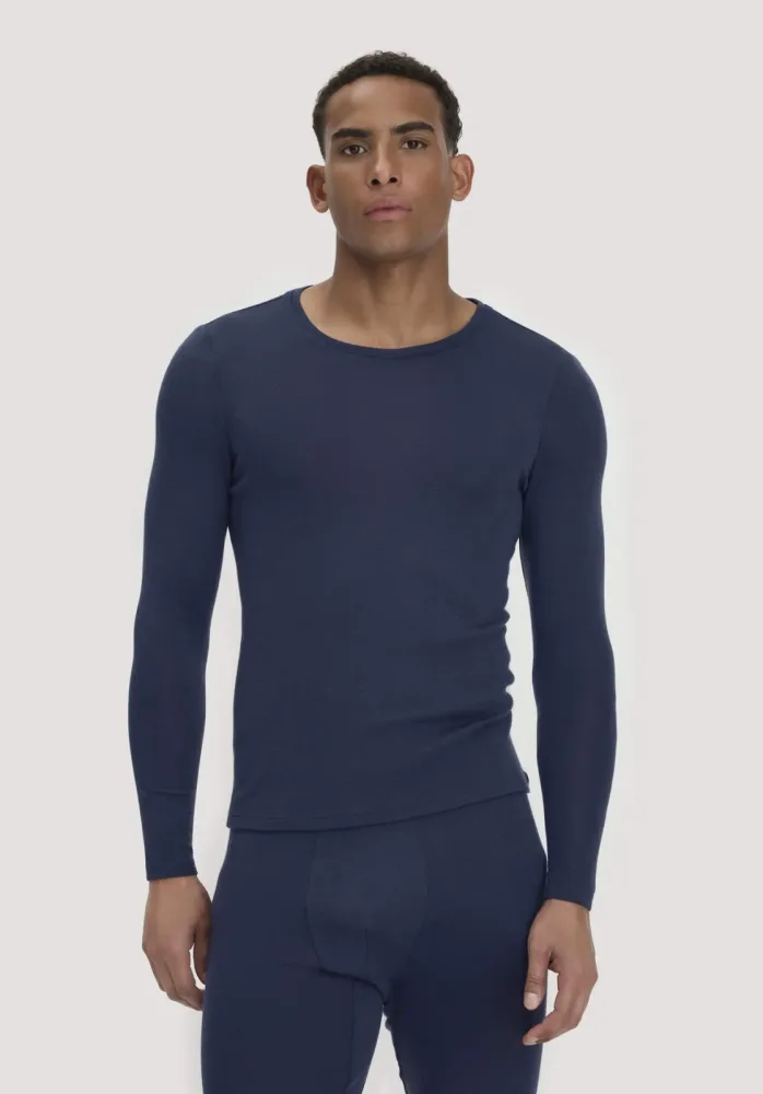 hessnatur Herren Longsleeve PURE FUNCTION aus Bio-Merinowolle und Seide - blau - Größe XL