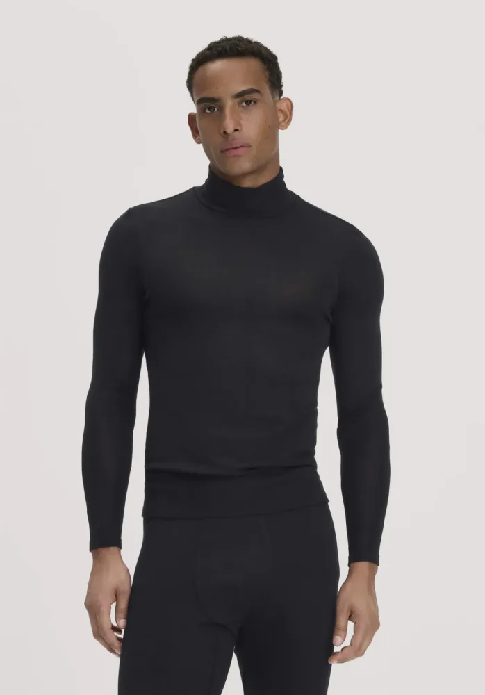 hessnatur Herren Roll-Neck Longsleeve Fitted aus Bio-Merinowolle und Seide - schwarz - Größe S