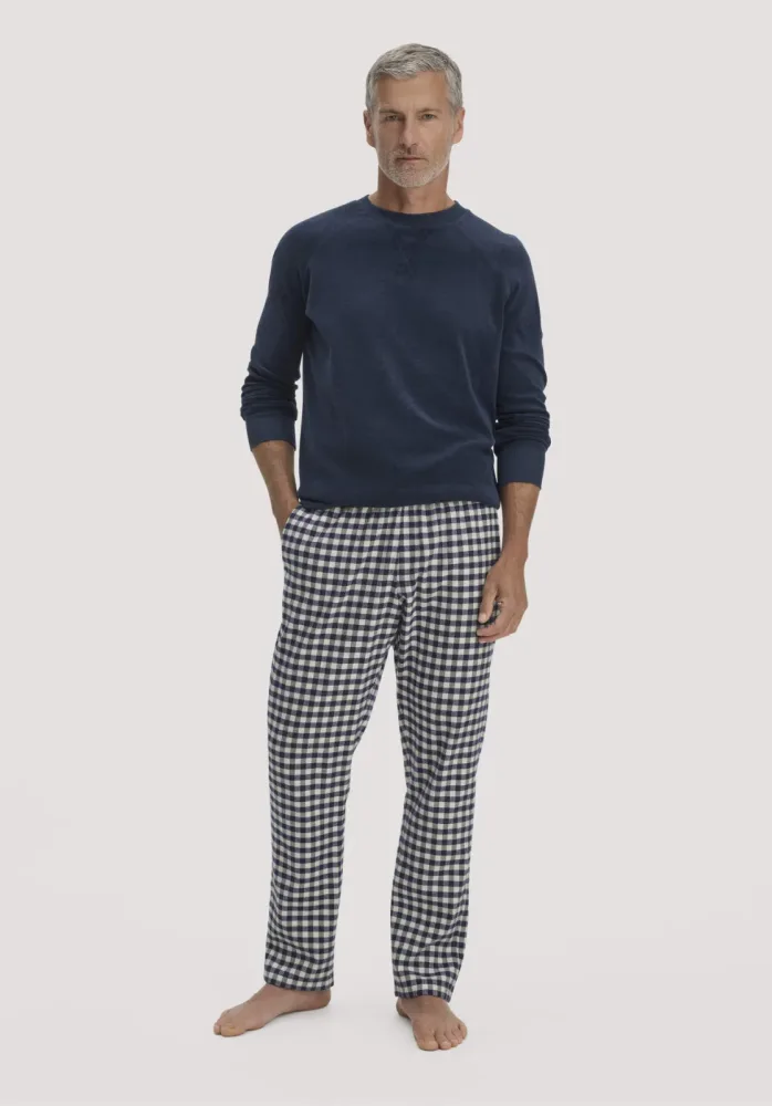 hessnatur Herren Flanell Schlafhose PURE COTTON aus Bio-Baumwolle mit TENCEL? Lyocell - blau - Größe L