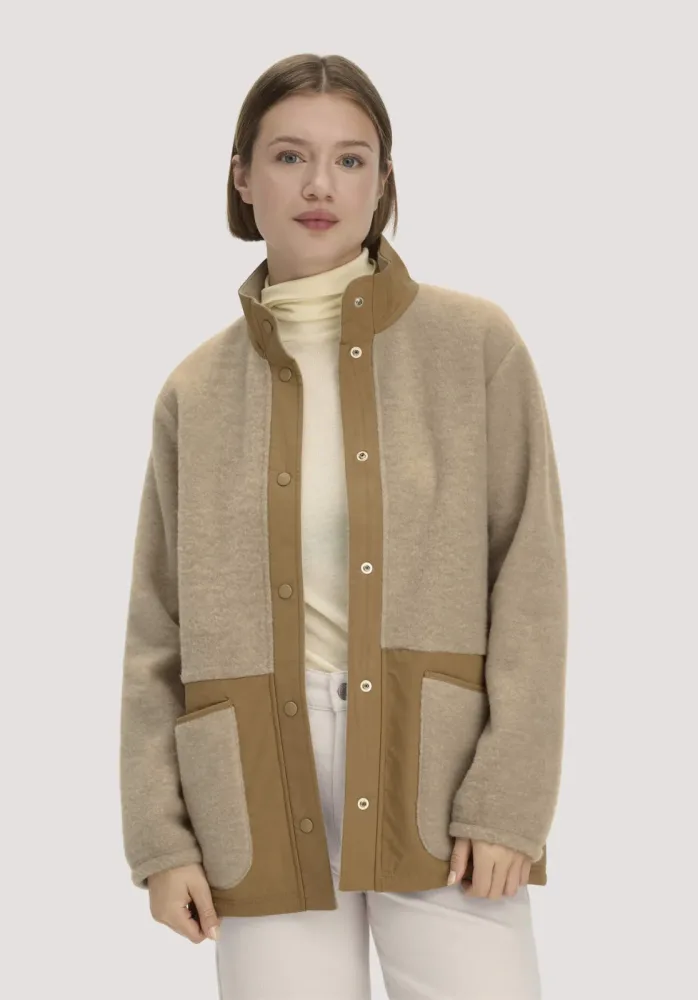 hessnatur Damen Wolfleece Jacke Patch Relaxed aus Bio-Merinowolle - beige - Größe L