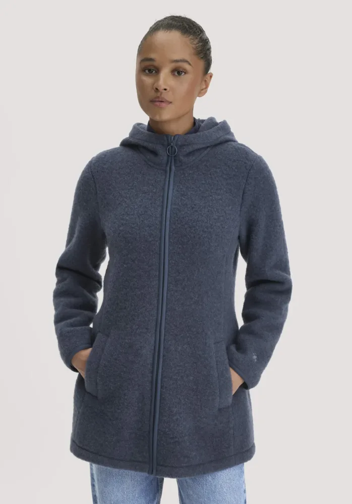 hessnatur Damen Wollfleece-Jacke mit Kapuze Regular aus Bio-Merinowolle - blau - Größe S