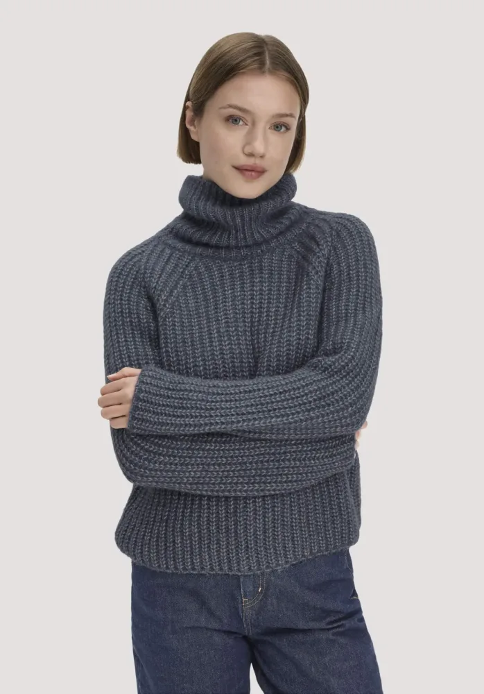 hessnatur Damen Strick Rollkragenpullover Relaxed aus Alpaka mit Bio-Baumwolle - blau GrösseS
