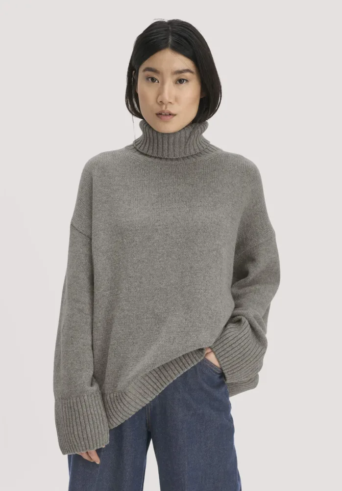 hessnatur Damen Strick Pullover Oversize aus Bio-Merinowolle mit Bio-Baumwolle - grau - Größe onesize
