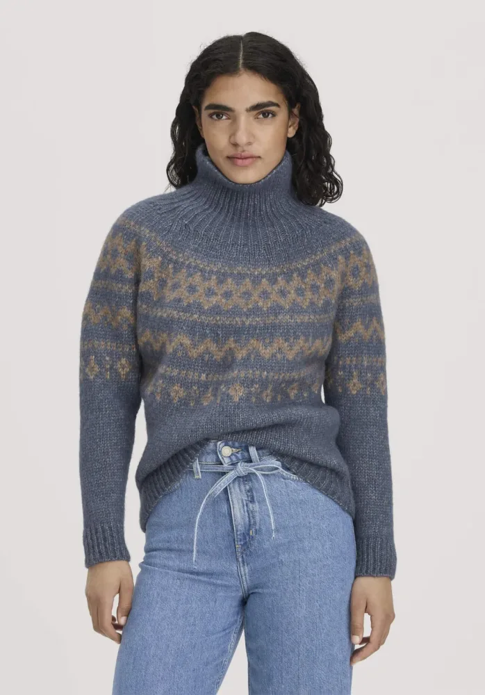 hessnatur Damen Rollkragenpullover Relaxed aus Alpaka und Bio-Baumwolle - blau - Größe S