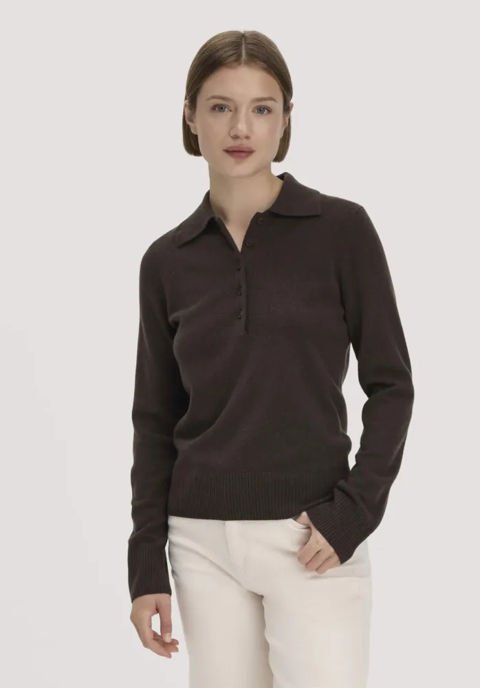 hessnatur Damen Polo-Pullover Regular aus Bio-Schurwolle mit Cahsmere - braun - Größe M