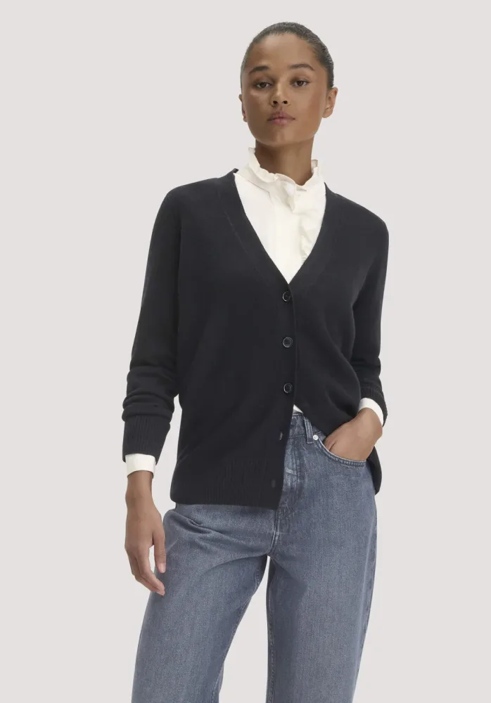 hessnatur Damen Strickjacke Relaxed aus Bio-Schurwolle mit Cashmere - schwarz - Größe S