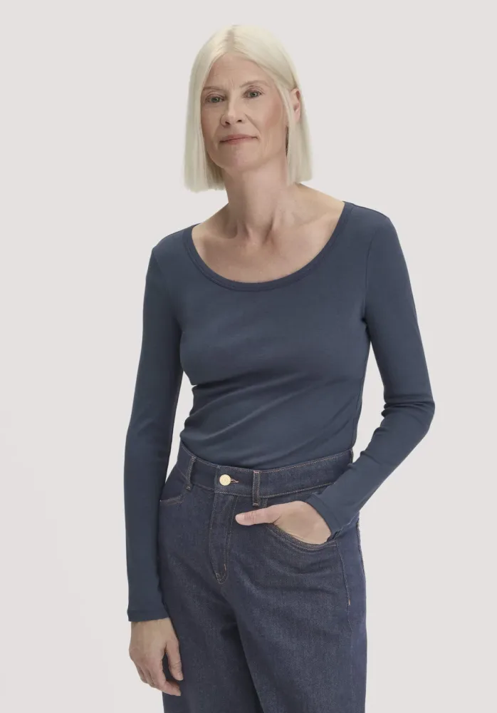 hessnatur Damen Softrib Longsleeve Fitted aus Bio-Baumwolle und TENCEL? Modal - blau - Größe 42