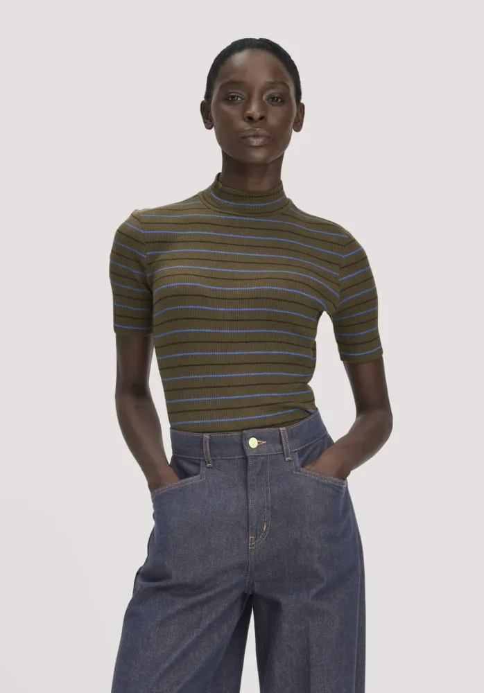 hessnatur Damen Slubrib Streifen T-Shirt Slim aus Bio-Baumwolle - grün - Größe 40