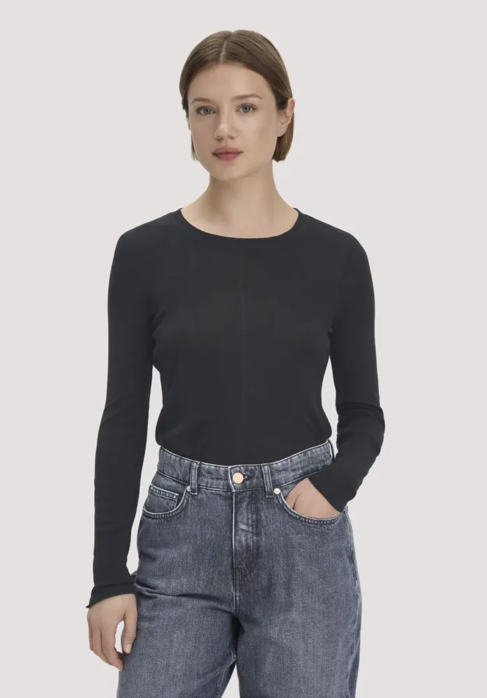 hessnatur Damen Longsleeve Slim aus Bio-Schurwolle und TENCEL? Lyocell - schwarz - Größe 40