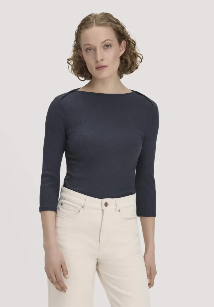 hessnatur Damen Boatneck Longsleeve Slim aus Bio-Baumwolle - blau - Größe 34