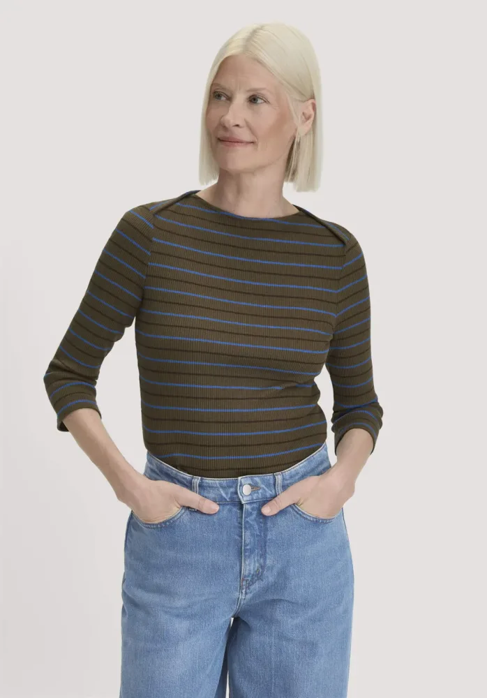 hessnatur Damen Slubrib Streifen Longsleeve Slim aus Bio-Baumwolle - grün - Größe 36