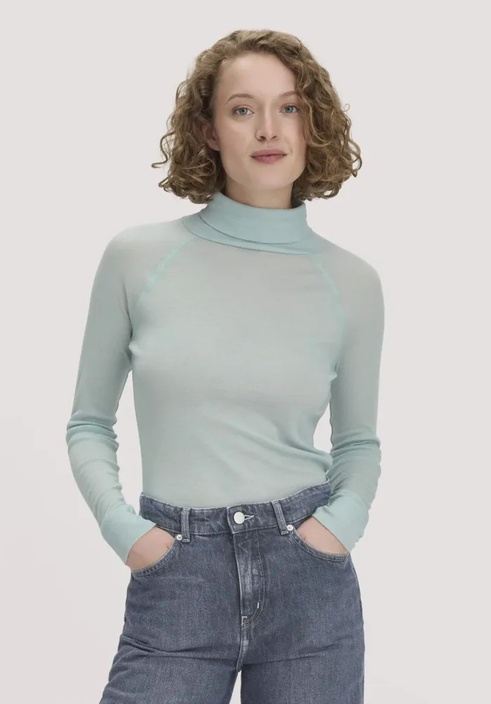 hessnatur Damen Longsleeve Slim aus Bio-Merinowolle und TENCEL? Lyocell - grün - Größe 48