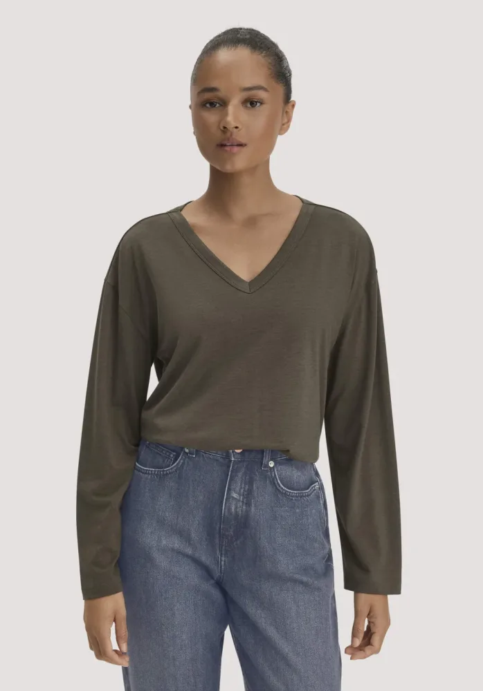 hessnatur Damen Longsleeve Oversize aus TENCEL? Lyocell und Bio-Baumwolle - grün - Größe S
