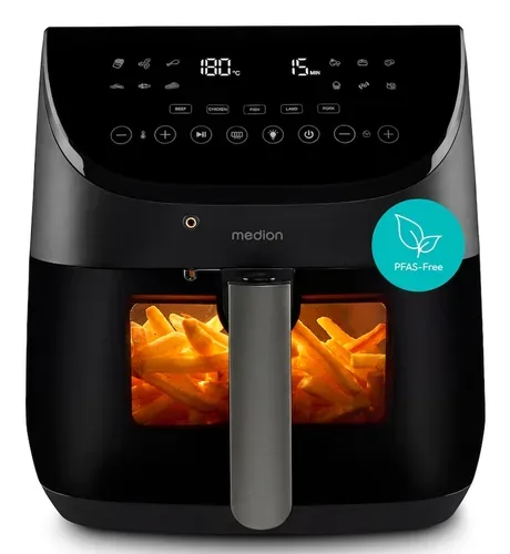 MEDION LIFE Heißluftfritteuse X20 XL (MD13060), Temperaturfühler, MEDION Life+ App, Touch-Sensor- Bedienfeld, 6,6 L Fassungsvermögen, 10 Automatikprogramme, 5 Fleischprogramme