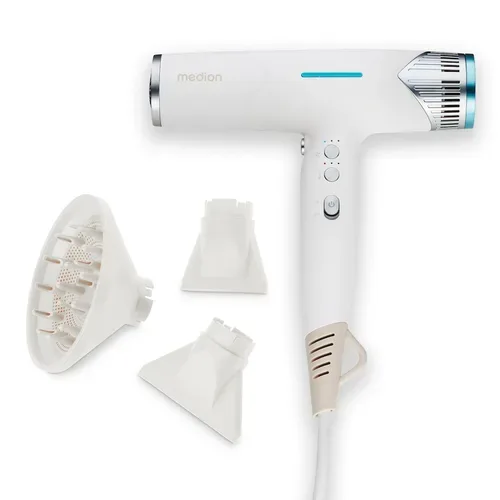 MEDION LIFE HD2 Haartrockner mit Ionen-Technologie weiß, 1.500 Watt, Selbstreinigungsfunktion, Vielseitige Aufsätze: Stylingdüsen und Diffusor, 3 Temperatur- und 3 Luftstromstufen