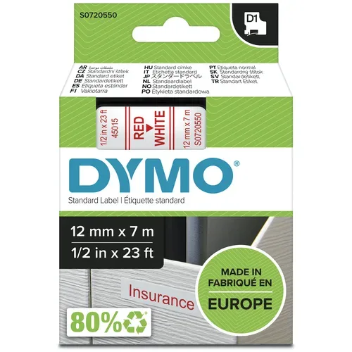DYMO D1 Beschriftungsband Authentisch 45015 S0720550 Selbsthaftend Rot auf Weiss 12 mm x 7 m