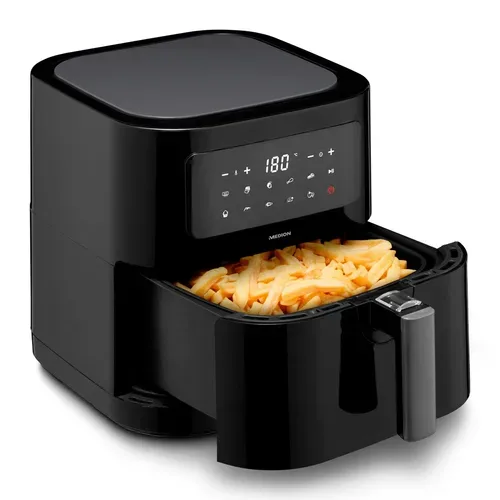 MEDION LIFE E40 XL Heißluftfritteuse MD 11740 schwarz, 100 Rezepte in der Life+ App, ölfreies Frittieren, 9 Automatikprogramme, 5,2 L Korbvolumen