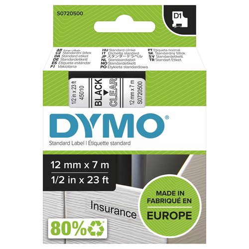 DYMO D1-Schriftband Breite 12 mm schwarz auf transparent, VE 1 Stk