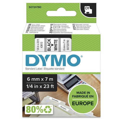 Schriftband DYMO D1 43613 Bandfarbe: Weiß Schriftfarbe:Schwarz 6 mm 7 m