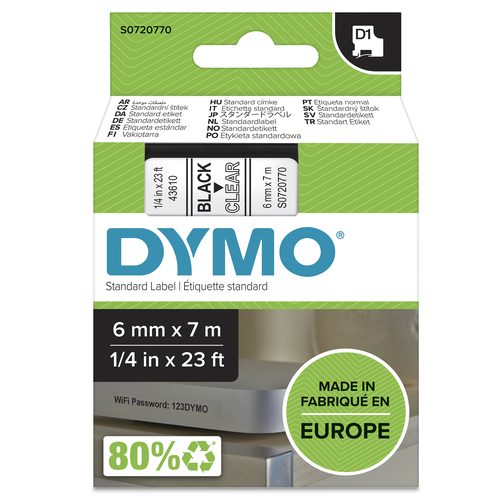 Schriftband DYMO D1 43610 Bandfarbe: Transparent Schriftfarbe:Schwarz 6 mm 7 m