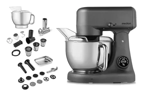 MEDION LIFE Digitale Küchenmaschine MD12600 titan, 800 W Gleichstrommotor, Energiesparend, Ultraleise, Digitales Sensor-Touch-Display, 4,6 L Edelstahlschüssel, Inkl. Fleischwolf