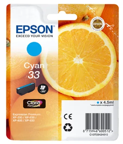 Epson E33 Druckerpatronen cy - Epson T3342, No. 33 c, C13T33424010 für z.B. Epson Expression Premium XP -530, Epson Expression Premium XP -630