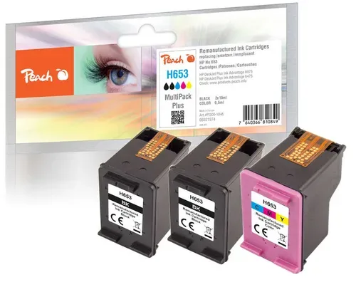 Peach HP 653 3 Druckköpfe (2*bk, col) ersetzt HP No. 653, 3YM75AE*2, 3YM74AE , 3YM60AE für z.B. HP DeskJet Plus Ink Advantage 6475