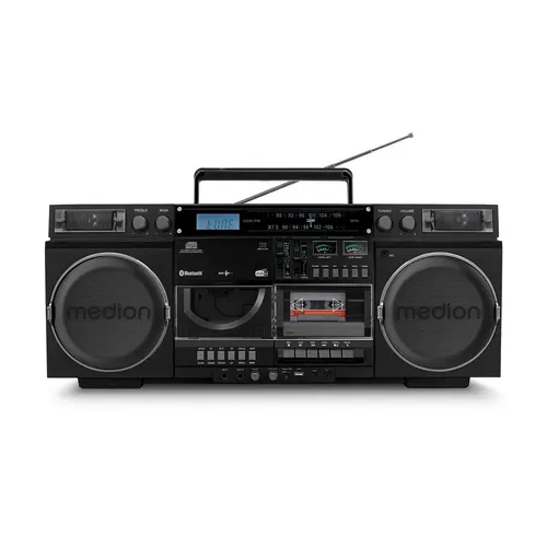MEDION LIFE P66538 Retro-Boombox schwarz, DAB+/PLL-UKW Radio, Bluetooth® 5.3 für das Abspielen von Smartphone & Co, CD-Player, Kassettendeck, X-Bass Funktion, 2 x 10 W RMS