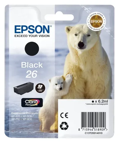Epson E26bk Druckerpatronen bk - Epson No. 26 bk, C13T26014010 für z.B. Epson Expression Premium XP -510, Epson Expression Premium XP -520
