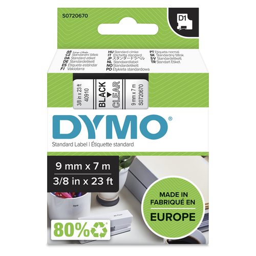 Schriftband DYMO D1 40910 Bandfarbe: Transparent Schriftfarbe:Schwarz 9 mm 7 m