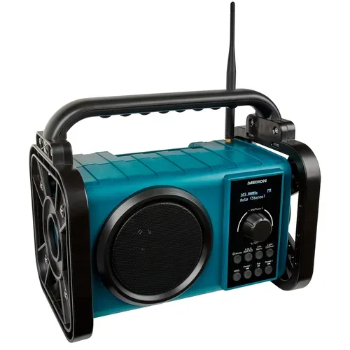 MEDION LIFE E66877 Baustellenradio, DAB+/PLL-UKW Radio, Dot Matrix LC-Display, Bluetooth® 5.0, spritzwassergeschützt (IP44), robustes Gehäuse, LED-Arbeitslicht, integrierter Akku, 5 W RMS