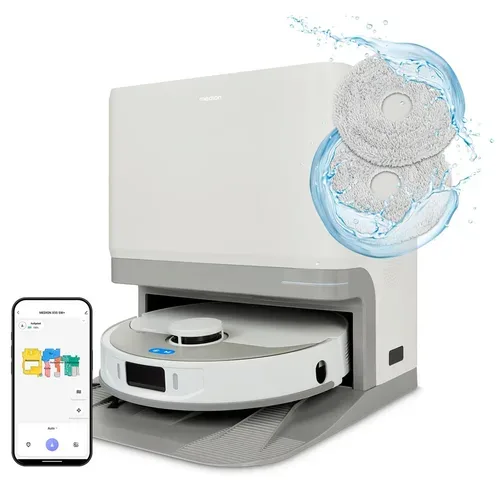 MEDION Saugroboter mit 3-in-1 Absaugstation X55 SW+, Wischfunktion, rotierende und bewegliche Wischmopps, Lasernavigation, Hinderniserkennung durch Kreuzlinienlaser, starke 10.000 Pa Saugkraft, präzise Kartenerstellung