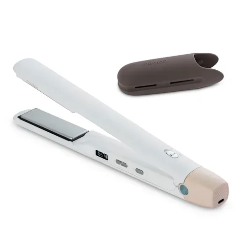 MEDION LIFE HS2 kabelloses Glätteisen weiß, flexible Keramik-/Turmalin Heizplatten mit Temperatursensor, Display mit Temperatur- und Akkuanzeige, 5 regelbare Hitzestufen (165° - 210°)