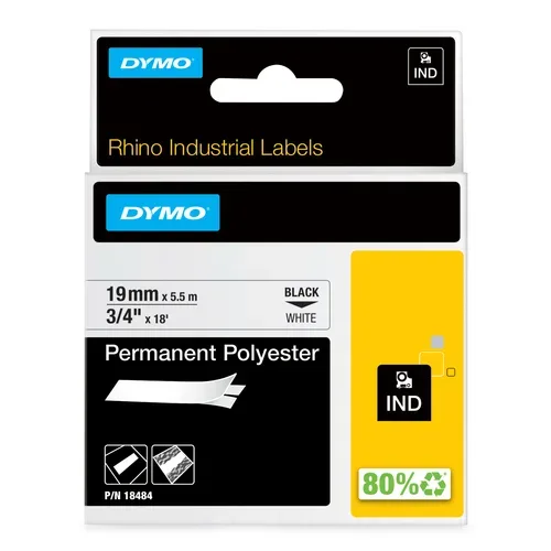 DYMO IND S0718220 / 18484 Authentic Rhino Polyester Schriftband Selbstklebend Schwarzer Druck auf Weiß 19 mm x 5.5m