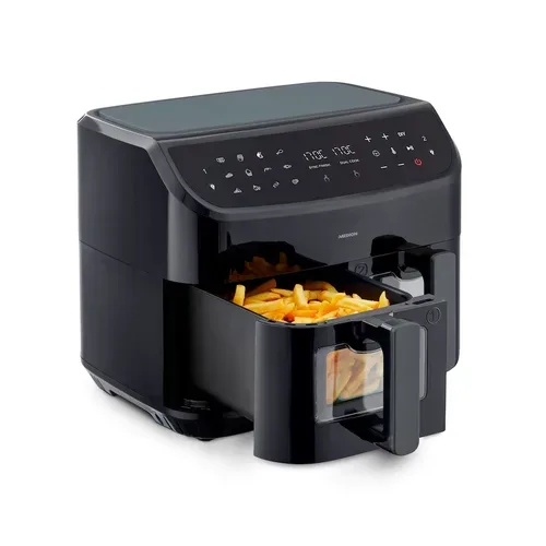 MEDION LIFE P20 XXL Twin Doppelzonen-Heißluftfritteuse MD 11760 schwarz, 100 Rezepte in der Life+ App, 2 separate Garzonen, 9 Automatikprogramme, 8,7 L Gesamt-Nutzinhalt, 2.600 Watt, Temperatur einstellbar bis 200 °C