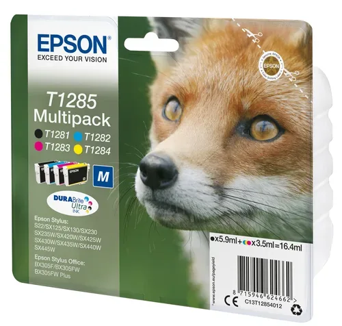Epson E128 Druckerpatronen (bk, c, m, y) - Epson T1285, C13T12854010 für z.B. Epson Stylus SX 230, Epson Stylus SX 235 W, Epson Stylus S 22