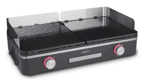 MEDION LIFE Tischgrill mit Dual-Zonen-System (MD12027), 2,400 Watt, 2 abnehmbare Platten, PFAS Frei, LED-Statusanzeige (weiß, rot, grün), IPX4-Schutz