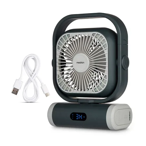 MEDION LIFE Camping Ventilator E10 TF grau, 20 W Leistung, 5 Geschwindigkeitsstufen, 110° Oszillation, 10.000 mAh Akku, als Powerbank nutzbar, LED