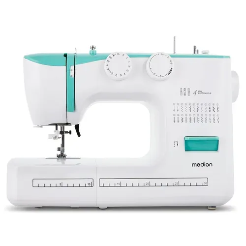 MEDION LIFE Freiarm-Nähmaschine SM60 (MD10689) türkis, einstellbare Stichlänge und Stichbreite, automatischer Einfädler, 60 verschiedene Stichmuster, integriertes Zubehörfach, 60 Watt Motorleistung