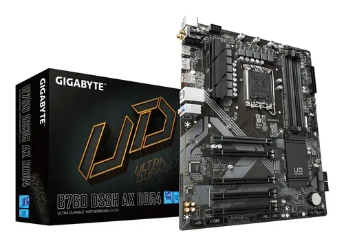 Gigabyte - B760 DS3H AX DDR4 Mainboard - Unterstützt Intel Core Prozessoren der 14. Generation, 8+2+1 Phasen digitales VRM, bis zu 5333MHz DDR4 (OC), 2x PCIe 4.0 M.2, Wi-Fi 6E, GbE LAN, USB 3.2 Gen 2, Braun
